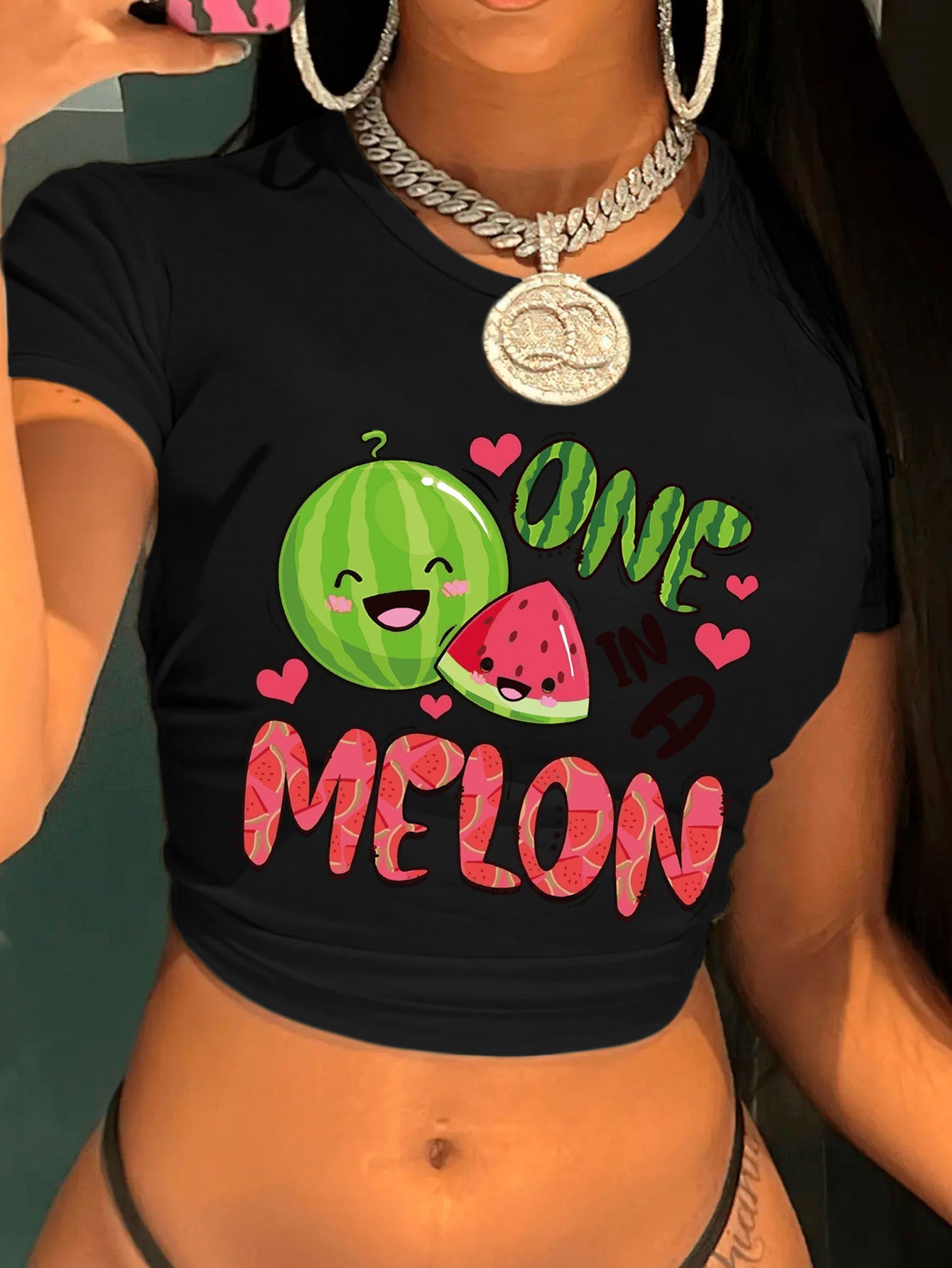Women's Y2K Graphic Print Cropped T-Shirt - "ONE IN A MELON" Watermelon & Hearts Design, Light Grey Short Sleeve Crop Top, Machine Washable Casual Summer Tee, Tiktok Style Clothing | Crop Top Style | Nontransparent Fabric, Cu